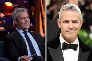 Andy Cohen is smiling in a suit and tie during an interview on the left side of the image. On the right side, he is dressed in a tuxedo at a formal event