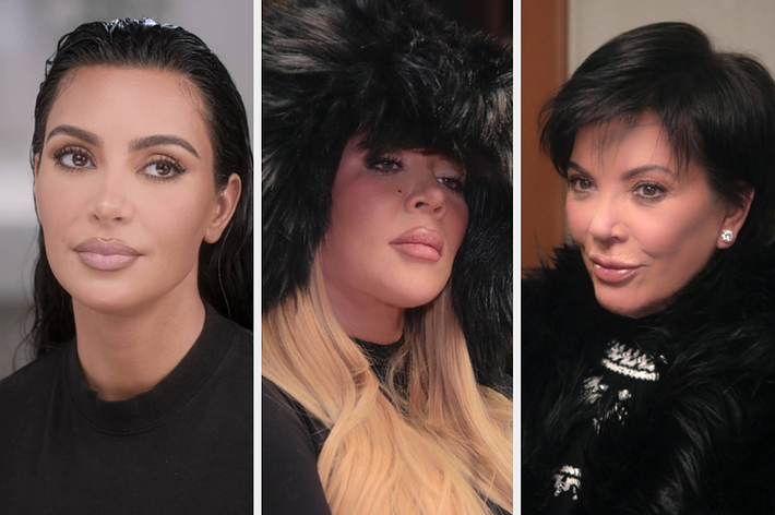 Kim Kardashian, Khloe Kardashian, and Kris Jenner are featured, each in separate panels. Kim and Kris wear black, while Khloe sports a fur hat