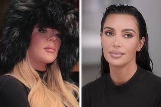 Khloe Kardashian in a fluffy hat and Kim Kardashian with slicked-back hair, both wearing black tops