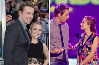 Kristen Bell and Dax Shepard at an event; on the left posing together, on the right sharing a moment on stage