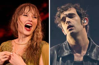 Taylor Swift smiling with wet hair on the left; Matty Healy performing with eyes closed on the right