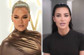 Khloé Kardashian in an elegant, shimmering outfit, hair pulled back; Kim Kardashian in a simple dark top with wet-look hair, minimal background