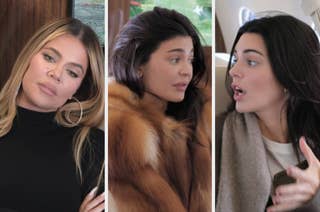 Khloé Kardashian, Kylie Jenner in a fur coat, and Kendall Jenner are talking in a triptych collage