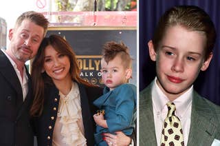 Macaulay Culkin, Brenda Song, and their child pose together on the left. A childhood image of Macaulay Culkin is shown on the right