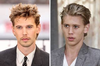 Austin Butler on the red carpet in a pinstripe suit and tie (left) and as a character from a show or movie in casual attire (right)