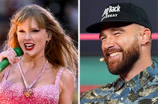 Taylor Swift sings on stage with a microphone, wearing a sparkly top, while Travis Kelce smiles in a patterned shirt and a cap